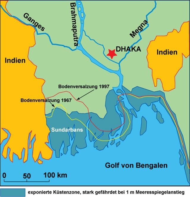 Der südliche Teil von Bangladesch ist von niedrig gelegenen Küsten- und Flusslandschaften geprägt.